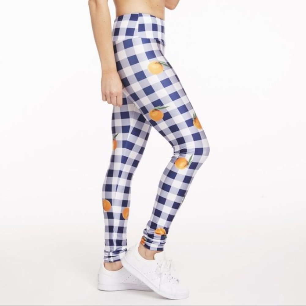Goldsheep Blue Gingham Leggings with Orange Accent